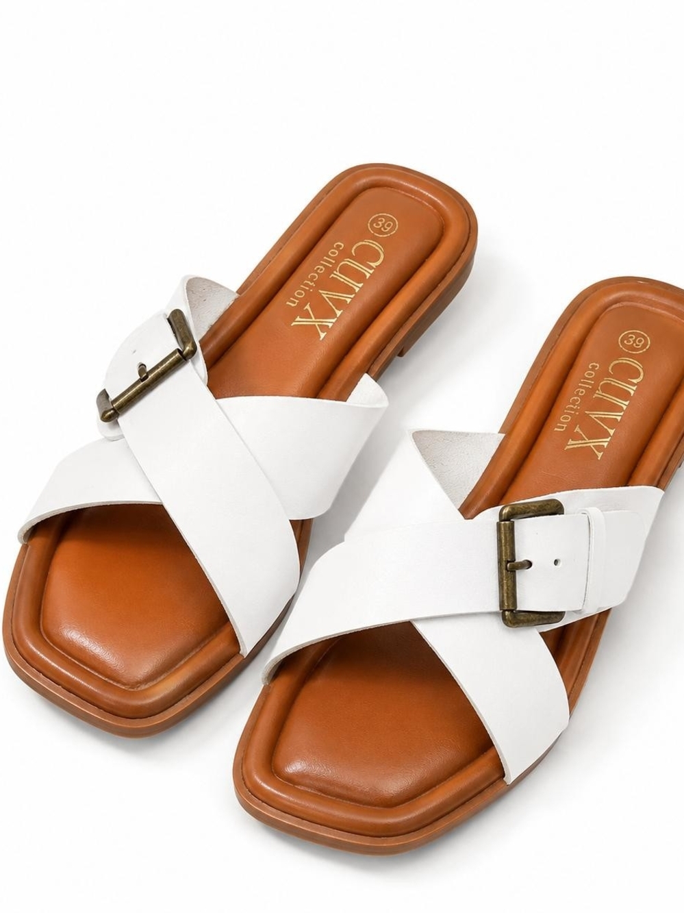 Aurelia White Leather Cross-Buckle Slide Sandals